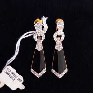 COURRÈGES PARIS -Vintage Gold-Tone Black Enamel & Crystal Drop Earrings – Signed